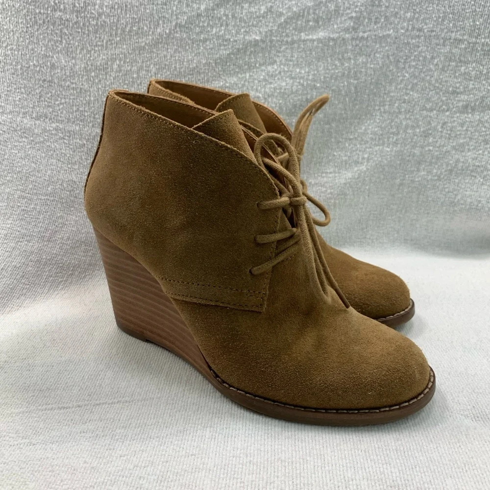 Lucky Brand Yamene Suede Wedge Ankle‎ Booties Heeled Lace-up Boot Khaki Size 6 M